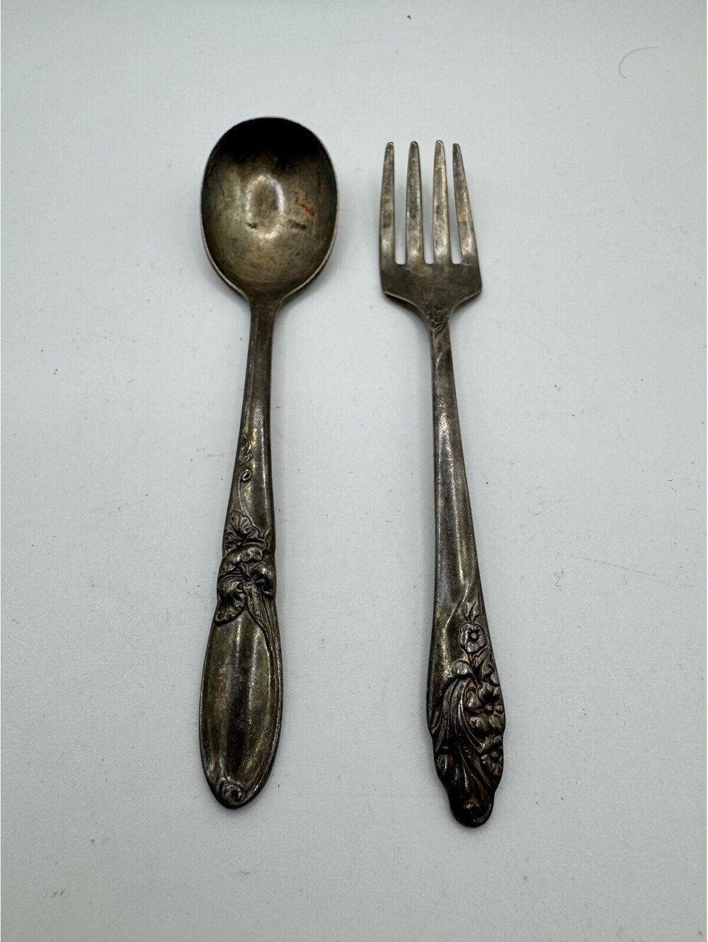 Community Silverplate White Orchid Baby Spoon & Fork Set Floral Vintage Nursery